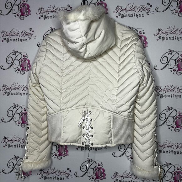 Bebe corset coat jacket snow bunny fur rabbit White Quilted Jacket Fur Trim hood - Picture 1 of 16